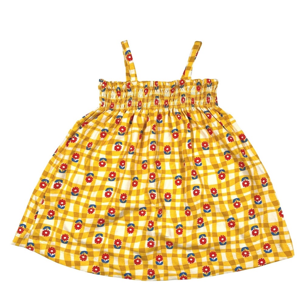 Hanna Andersson Wavy Daisy Yellow Gingham Floral Smocked Dress 18-24 Months 80cm